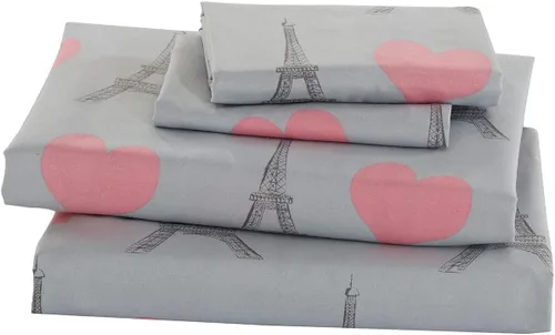 Vista 3 de MK Home Juego de sábanas de 3 piezas tamaño individual para niñas, París, Torre Eiffel, color rosa y gris