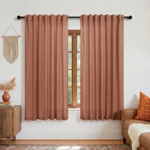 Vista 12 de Cortinas rústicas color beige tostado de 42 x 84 pulgadas de largo para sala de estar, juego de 2 paneles transparentes de lino natural, imitación