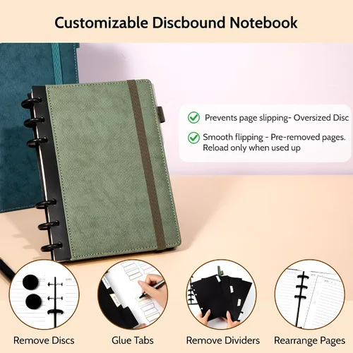Vista 2 de Yoment - Cuaderno de diario de cuero para trabajo, recargable, 224 páginas, 100 GSM, papel grueso, cuaderno de 5 materias con separadores y pestañas