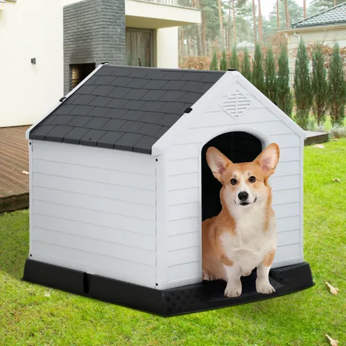Vista 14 de Casa para perros para interiores y exteriores, impermeable, ventilada, de plástico, jaula de refugio para mascotas con ventilación y suelo elevado