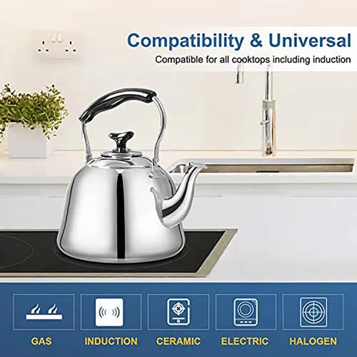 Vista 3 de Hervidor de té silbante de acero inoxidable para estufa, tetera de 2 cuartos de galón de ebullición rápida con mango plegable de tacto frío
