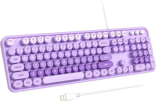 Vista 21 de Atelus Teclado USB con cable con retroiluminación de 7 colores, teclado de tamaño completo con teclas retro, teclado numérico y tecla de acceso
