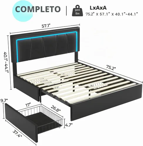 Vista 6 de Hasuit Marco de cama Full con 4 cajones de almacenamiento debajo, cama de plataforma tapizada tamaño Full con cabecera de cuero artificial, cama