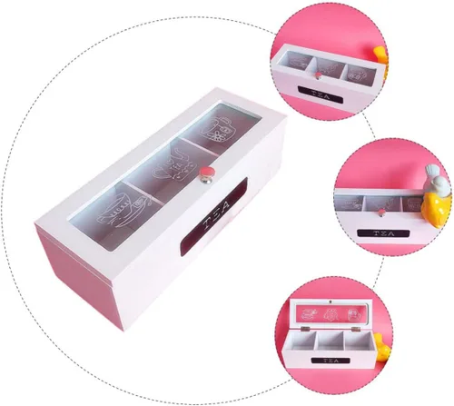 Vista 3 de White Wooden Tea Storage Box with Top, Three Compartments