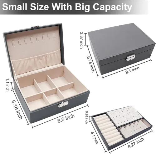 Vista 7 de MRMOSY Joyero organizador para mujeres y niñas caja de almacenamiento de 2 capas grande para hombres caja de joyería de piel sintética con bandeja
