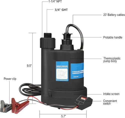 Vista 3 de Bomba de agua Bomba sumergible DC 12V Bomba de sumidero 1500 GPH Bomba de utilidad con interruptor-Negro