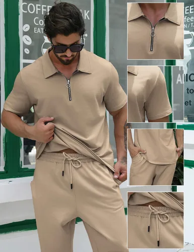 Vista 3 de Chándal deportivo para hombre, 2 piezas, camisa polo y pantalones deportivos con cremallera de cuatro, sudadera de color liso, pantalones deportivos