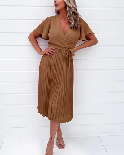 Vista 4 de BTFBM Vestidos de verano casuales con cuello en V para mujer, manga corta, satén, con lazo en la cintura, plisados, fluidos, para invitados de boda