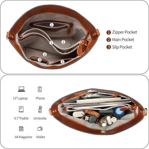 Vista 3 de Bolso de mano de cuero genuino para mujer con cremallera, bolsos de hombro grandes para mujer, bolsos cruzados de diseñador, bolso con asa superior