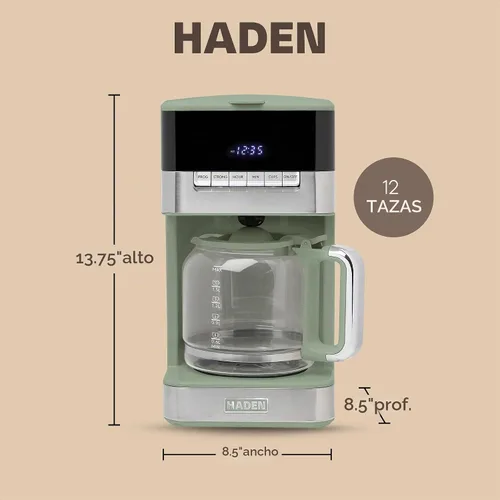 Vista 4 de Haden Cafetera programable de 12 tazas con función de apagado automático y filtro de agua lavable reutilizable, verde y cromado Cedro verde