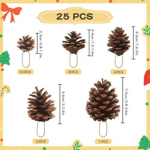 Vista 2 de 25 conos de pino natural de Navidad de 0.8 a 3.6 pulgadas, adornos colgantes para el hogar, vacaciones, manualidades, etiqueta de regalo, árbol