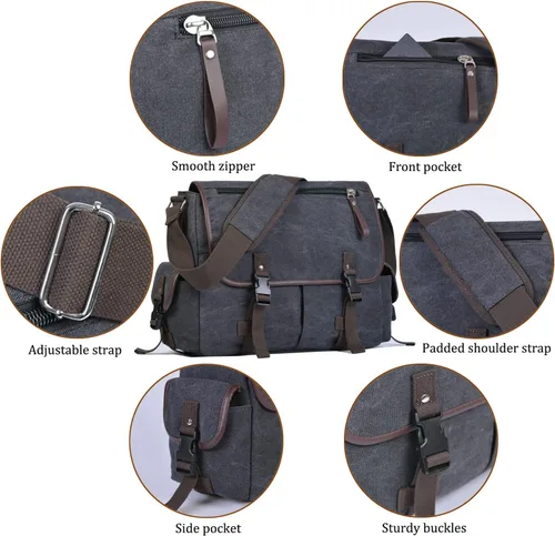 Vista 6 de Bolsa de mensajero vintage de lona para laptop de 15.6 pulgadas para hombres y mujeres, bolsa de hombro para computadora universitaria, maletines