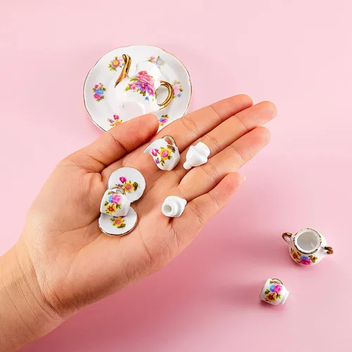 Vista 2 de Skylety Juego de tazas de té para casa de muñecas 1:12, accesorios de porcelana en miniatura, 8 piezas de porcelana en miniatura, diseño de flores