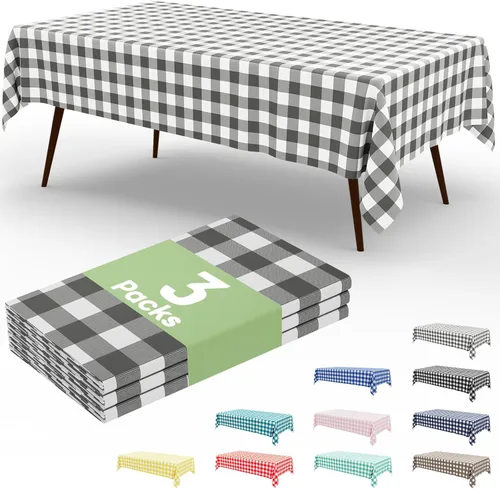 Vista 60 de Smiry Paquete de 3 Manteles Desechables de Cuadros Gingham Color Caqui - 54" x 72" Mantel de Plástico de Servicio Pesado, Cubiertas de Mesa