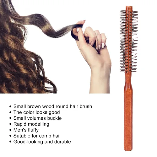 Vista 2 de Cepillo de pelo redondo para secado con nailon suave, cepillo de pelo redondo rizado en caliente con mango de madera, unisex para secado con soplado