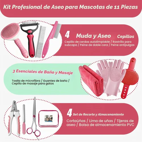 Vista 3 de 11 Piece Dog Grooming Kit - Hair, Nail, Massage Bath Supplies For Pets Cats Pink