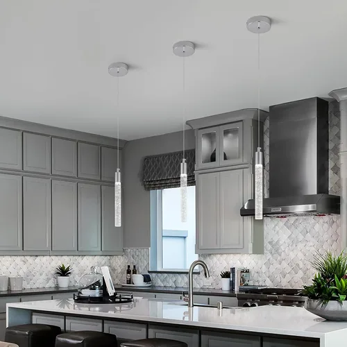 Vista 3 de Iluminación colgante moderna para isla de cocina, lámpara colgante regulable LED con acabado cromado, mini iluminación colgante de cristal