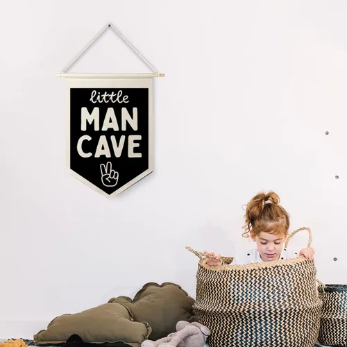 Vista 3 de Qpenm Cueva del Hombre Pequeño Bandera Colgante de Pared en Lienzo, Decoración para Habitación de Niños, Banderines Modernos en Blanco y Negro