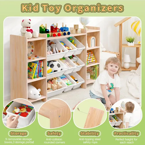 Vista 6 de MallBest Estante organizador de almacenamiento de juguetes para niños de 4 niveles, 100% madera maciza, armario de almacenamiento extra ancho