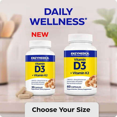 Vista 8 de Enzymedica Vitamina D3 K2, 5000 UI Vegan D3 + 90 mcg MK-7, suplemento a base de plantas con hongos shiitake y fibra prebiótica para apoyo óseo e