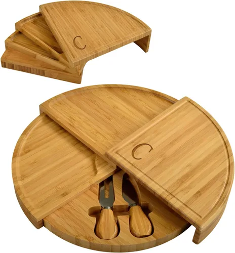 Vista 11 de Tabla Picnic at Ascot de bambú, para aperitivos, con herramientas para queso, espirales de una cuña compacta de 13 pulgadas de diámetro, patentado