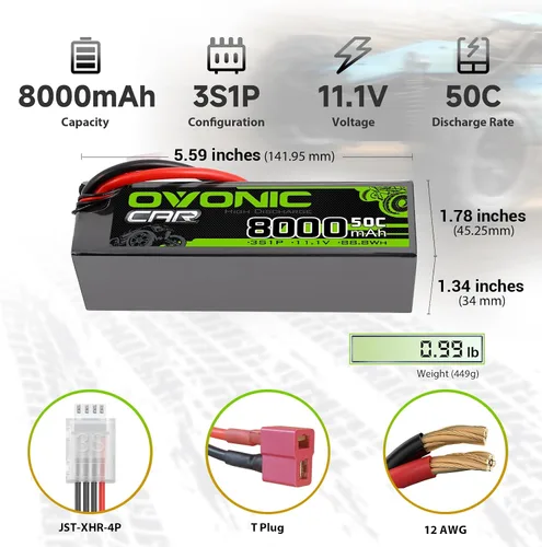 Vista 2 de OVONIC 3s 11.1V Estuche rígido Lipo Battery 8000mAh 50C Max a 80C Lipo Battery Soft Case con conector T estilo Dean para avión RC, helicóptero