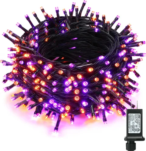 Vista 8 de ODEETRONIC Luces de Halloween moradas, 98.4 pies, 300 luces LED moradas, 8 modos de cadena de luces de Halloween conectables, luz de hadas