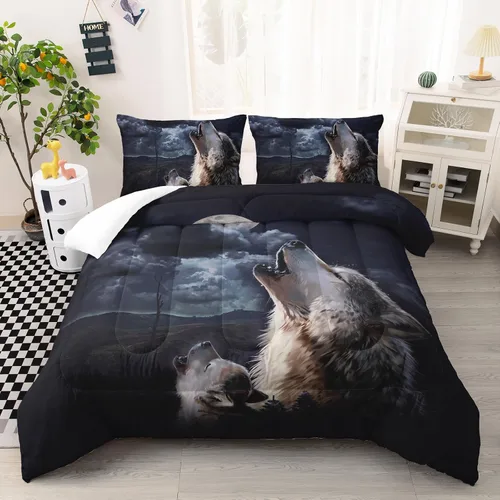 Vista 25 de AILONEN Juego de edredón con cabeza de lobo impresa tamaño individual, juego de ropa de cama de lobo para la noche para niños y hombres, juego