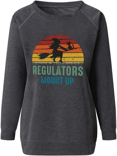 Vista 4 de Tuianres Long Sleeve Shirts for Women Halloween Loose Vacation T-Shirt Round Neck Vintage Tees Witch Print Casual Tops