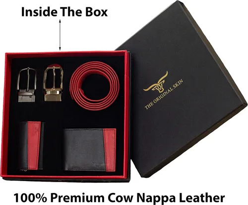 Vista 2 de Juego de cinturón y llavero para hombre, regalo del día del padre, regalo de cumpleaños para hombres, Rojo y negro), TOS-MB-1