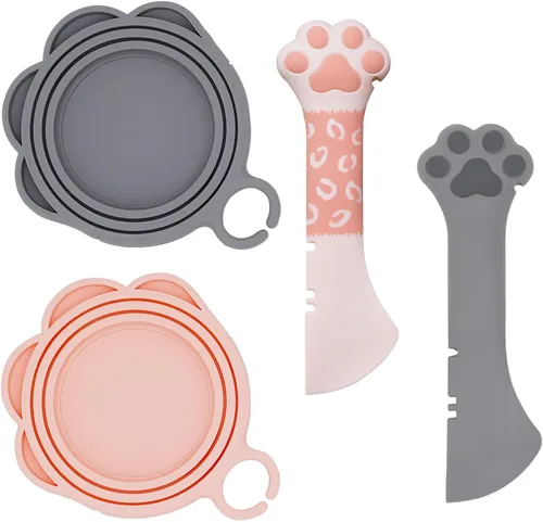 Vista 17 de SJANE Cucharas y tapas de latas de comida para gatos 4 piezas Abridor colorido multifunción con forma de pata Fundas universales de silicona