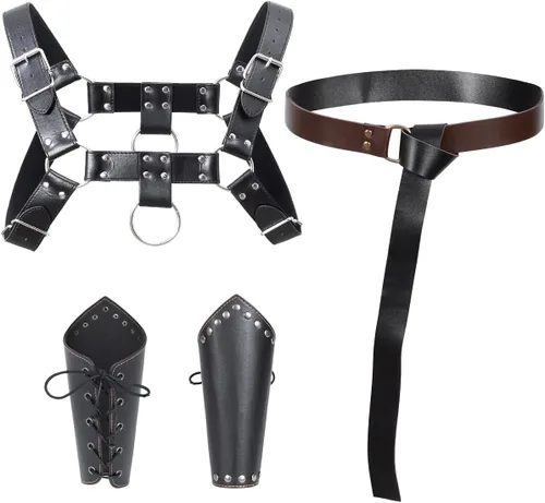 Vista 17 de Cinturón de cuero de caballero medieval para hombre, chal renacentista, capa de medio hombro, bufanda, brazaletes con hebilla, accesorios retro