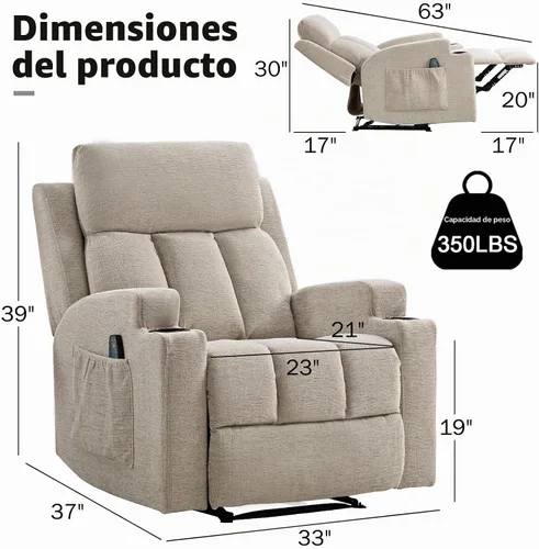 Vista 2 de CANMOV Silla reclinable manual con masaje y calor, cómoda silla reclinable con brazos y respaldo sobrerellenos, sofá individual reclinable manual