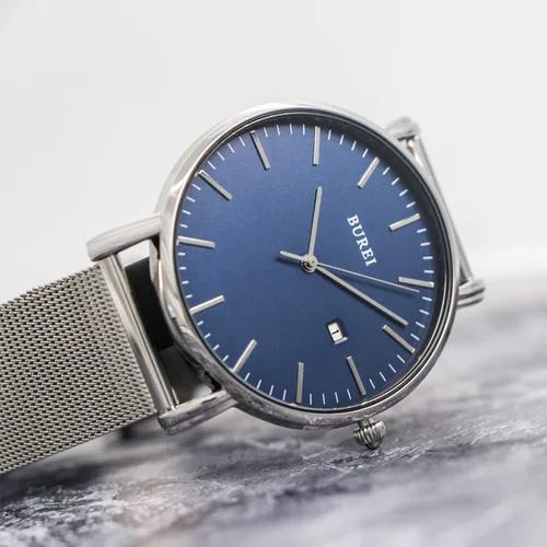Vista 5 de BUREI Reloj de pulsera analógico de cuarzo ultrafino, calendario de fecha, correa de malla de acero inoxidable