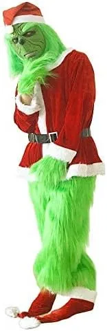 Vista 3 de WPOZD Christmas Deluxe Green Monster Costume - 7PCS Adult Suit Deluxe Adult with Green Monster Mask and Red Christmas Hat