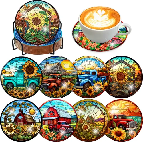 Vista 32 de Meothan Juego de 8 posavasos de arte de diamante para adultos con soporte, almohadillas de corcho, posavasos de arte de puntos de diamante de vidrio
