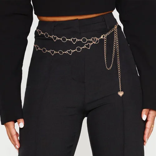 Vista 2 de Cinturón de cadena de cintura con borla larga para mujer, cadena ajustable de metal para el vientre para vestido Corazón doble dorado