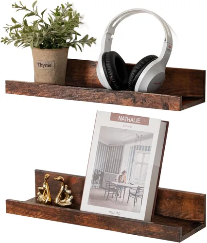 Vista 24 de Muzilife Estantes Flotantes de Pared Pequeños de 12" con Borde - Juego de 2 Estantes Flotantes de Madera - Repisa Negra Montada en Pared