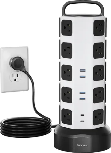 Vista 10 de Protector contra sobretensiones de torre de regleta de alimentación, 20 CA 6 USB (2 USB C), 1050J, 6.5 pies Extension Cord with Multiple Outlets