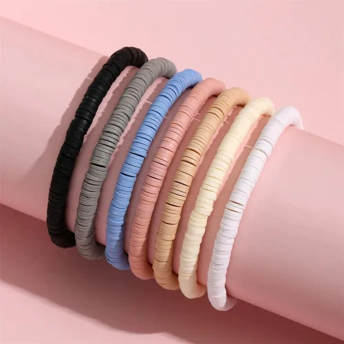 Vista 2 de Pulseras elásticas de cuentas de arcilla surfista con cuentas de polímero colorido apilable, pulsera elástica bohemia estética de verano