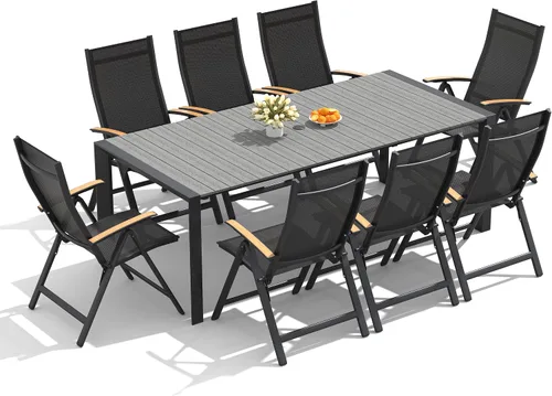 Vista 10 de Crestlive Products Juego de comedor de patio de 9 piezas, mesa de aluminio de 83 pulgadas para exteriores con 8 sillas reclinables, respaldo Marrón