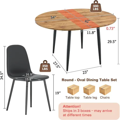 Vista 3 de FURNITO Juego de mesa de comedor de madera para 4, mesa extensible redonda a ovalada de 42 a 54 pulgadas con 4 sillas de tela, juego de comedor 4