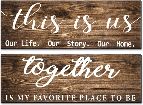 Vista 12 de Jetec 2 letreros de madera para pared del hogar, decoración de pared con texto en inglés "This Is Us", color gris antiguo