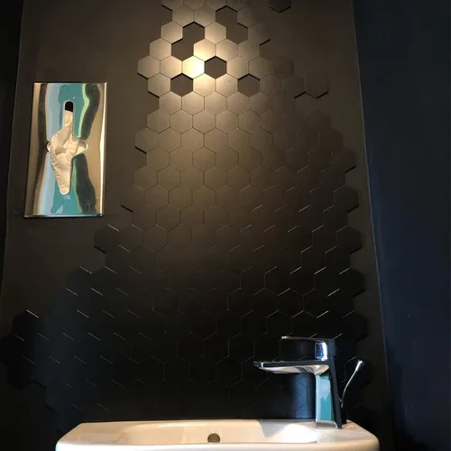 Vista 5 de Pelar y pegar azulejos negros, panel compuesto de aluminio hexagonal autoadhesivo para cocina (5 hojas)