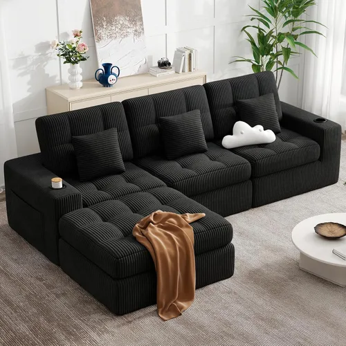 Vista 10 de Sofá modular sin hueso de nube de 112 pulgadas en forma de L, moderno sofá modular con cojín en capas, sofás de pana convertibles sin montaje