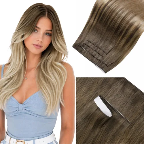 Vista 28 de LaaVoo - Extensiones de cabello humano con cinta adhesiva, color marrón a rubio ceniza, extensiones de cabello humano real, cintas en extensiones