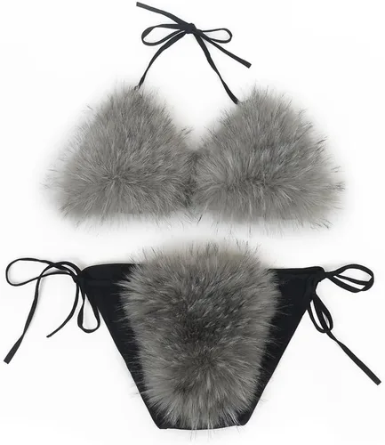 Vista 12 de ZOSCGJMY Conjunto de bikini de dos piezas de piel sintética para mujer Beige