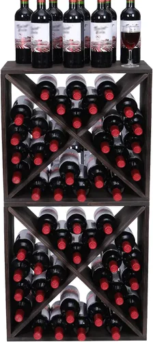 Vista 3 de Estantes de vino para encimera, madera maciza, apilables, cubo rústico retro, 48 botellas, estante de vino de madera (48 botellas, negro)