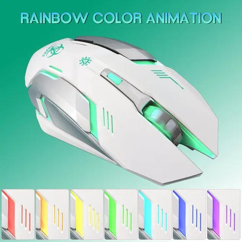 Vista 7 de VEGCOO Ratón inalámbrico blanco para juegos, mouse inalámbrico de clic silencioso con 3 niveles DPI, mouse de computadora recargable con luces LED