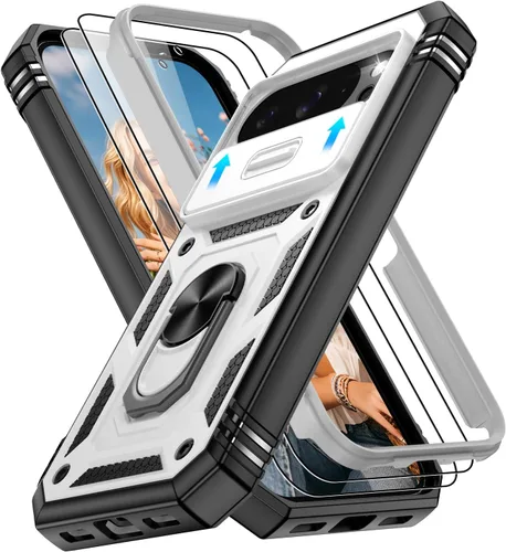 Vista 229 de Gritup Funda para Google Pixel 6 con cubierta deslizante para cámara y protector de pantalla (2 unidades), soporte de anillo giratorio 360°, funda